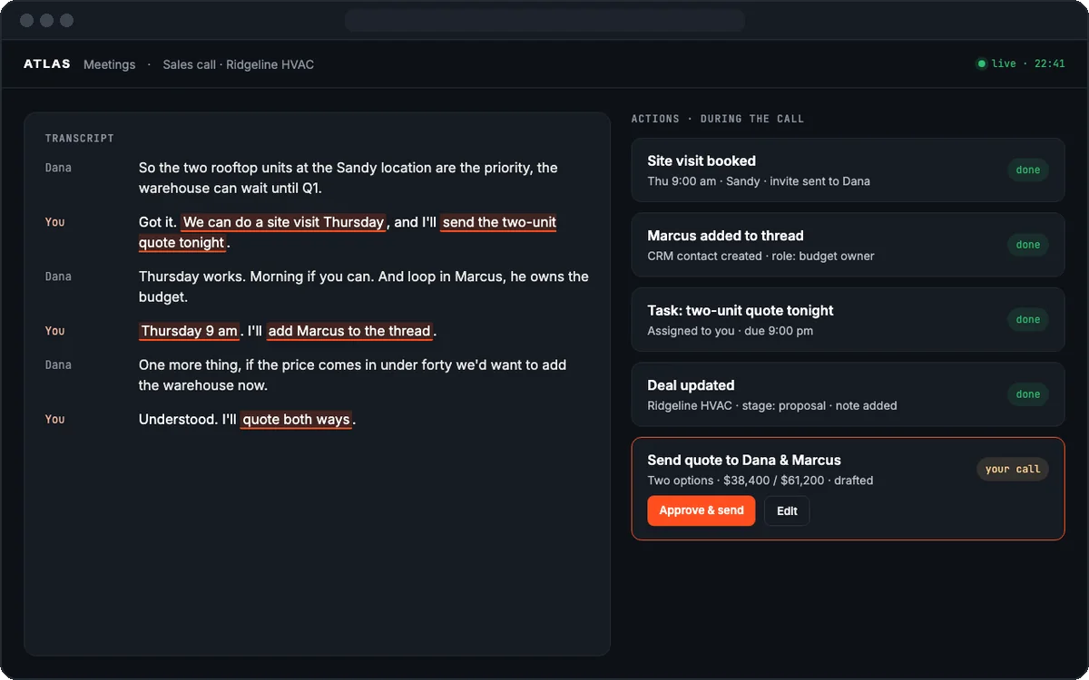 Atlas Meetings: live transcript with actions taken during the call